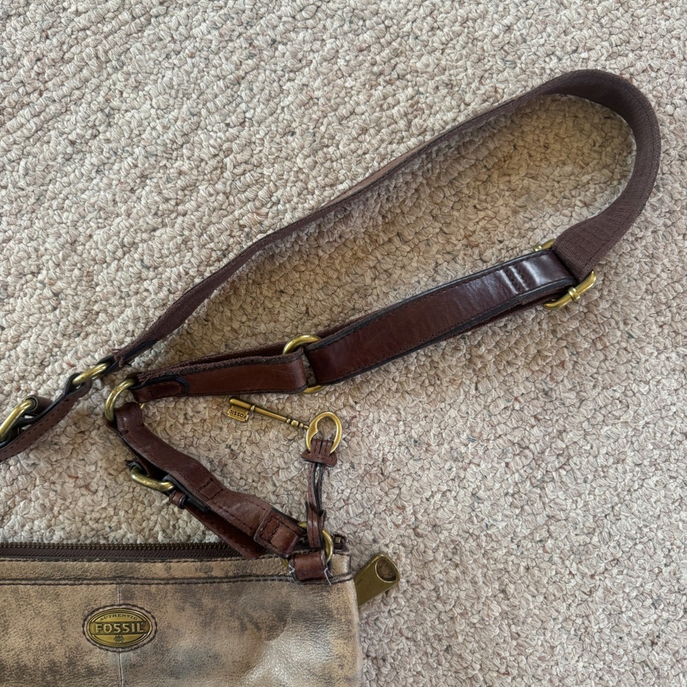 Fossil Crossbody Bag Brown Distressed Leather Metallic Faded Vintage Style Bag - Picture 5 of 11